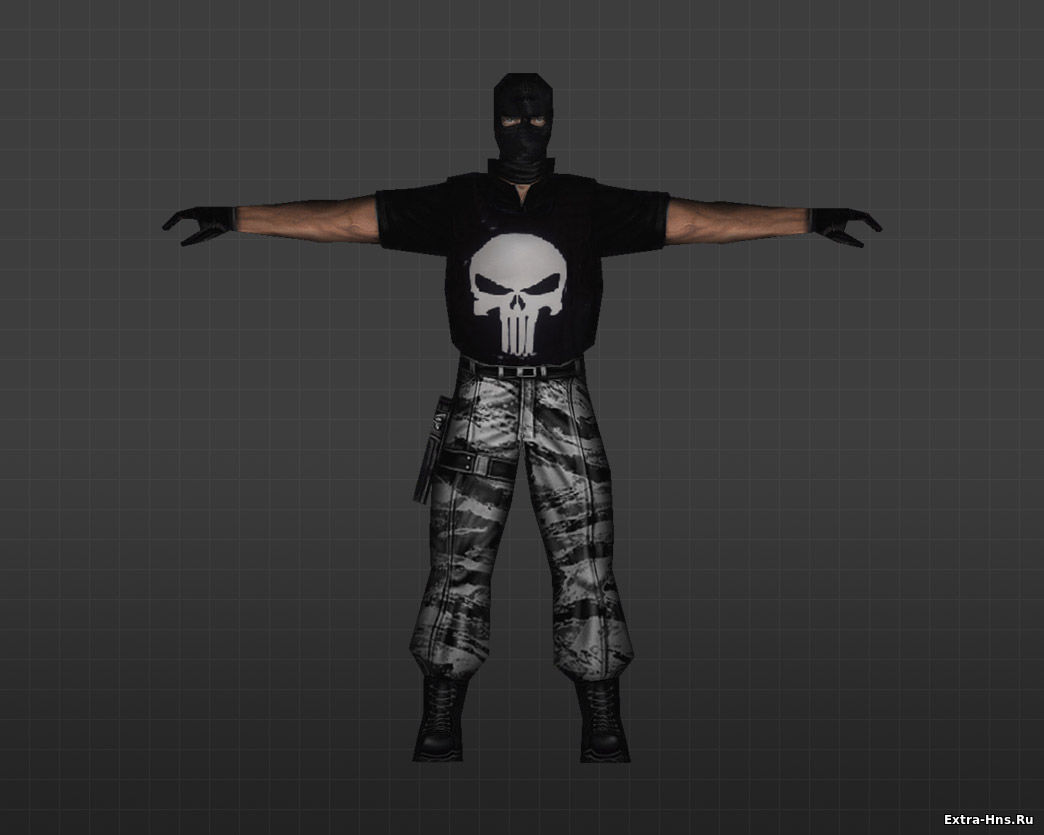 Модель террориста с изображением черепа на футболке
